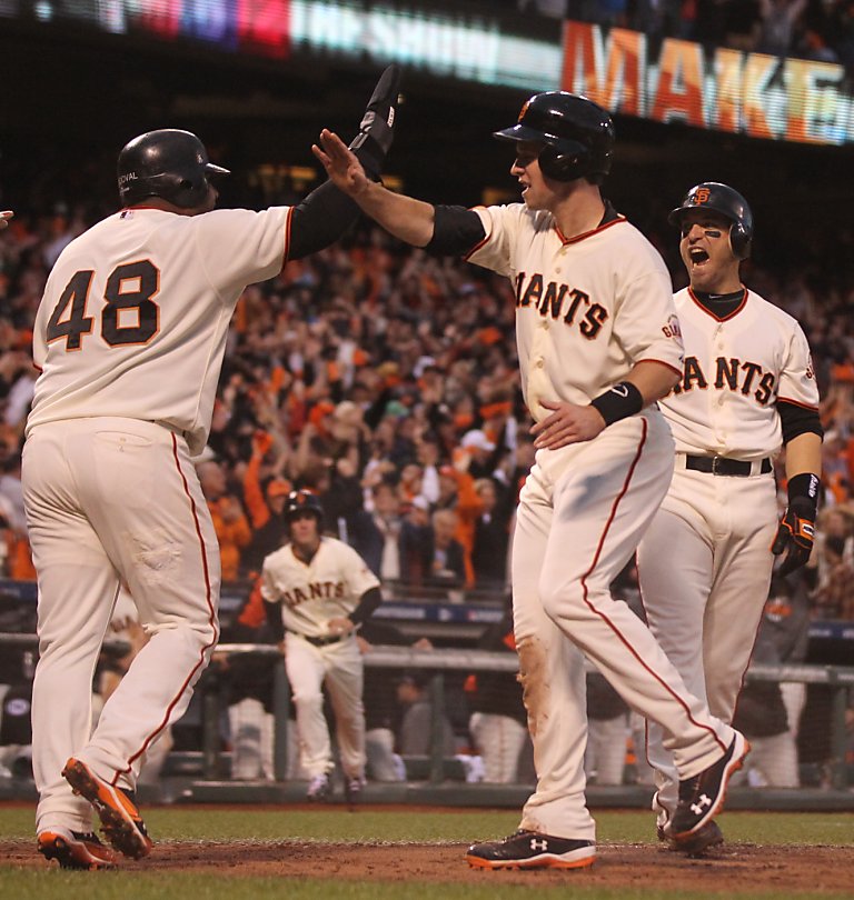 Oct. 22, 2012 - San Francisco, California, USA - Series MVP Marco Scutaro  celebrates with his teammates following the last out in game 7 of the NLCS  between the San Francisco Giants