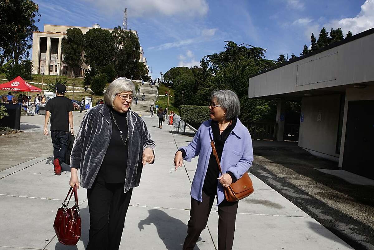 Interim Chancellor Pamila Fisher (left) going to lunch with ESL teacher Elma P. Cabahug (right) at City College of San Francisco in on Tuesday, October 23, 2012.