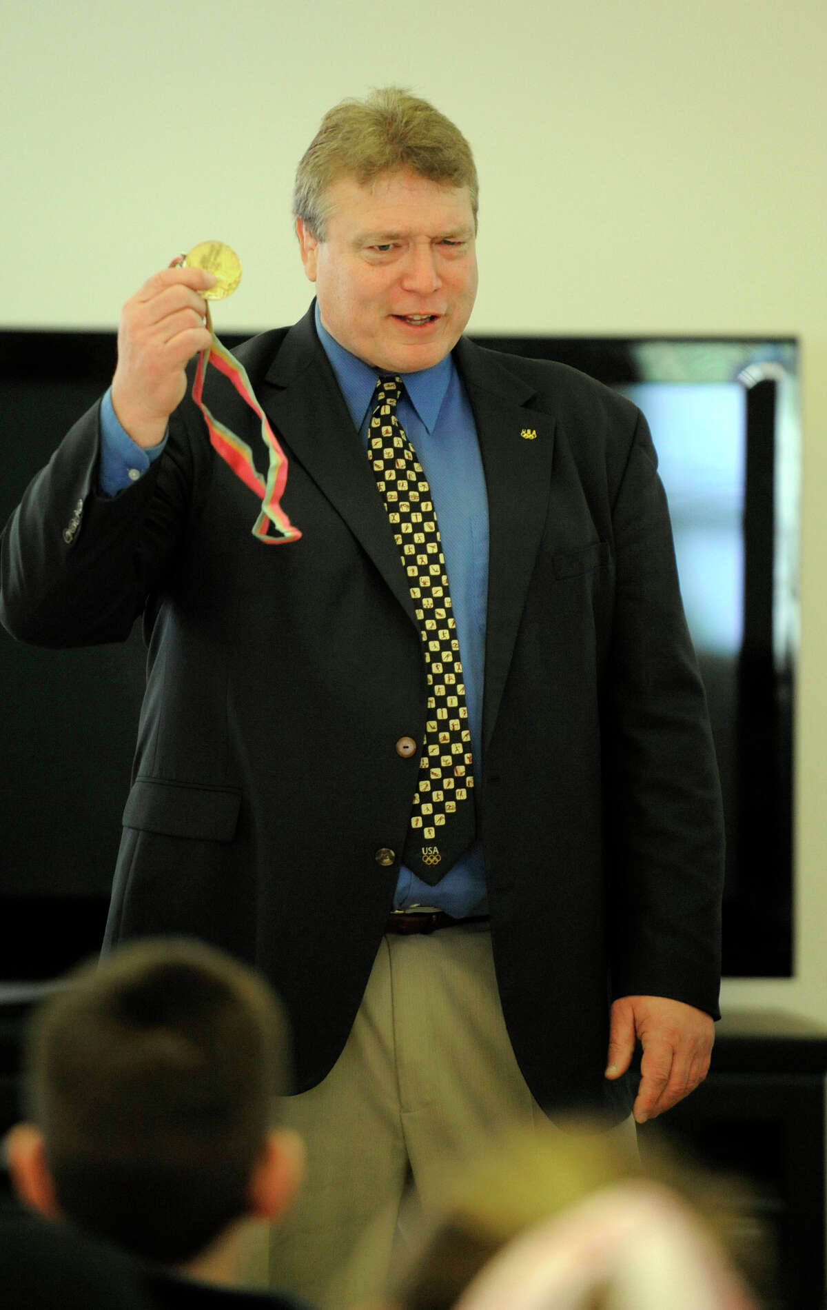 Local Olympic gold medalist and Greco-Roman wrestler Jeff Blatnick, whose inspiring triumph over cancer culminated with a victory at the 1984 Los Angeles Summer Games, spoke to students at the Doane Stuart School in Albany on April 3, 2008. (Skip Dickstein / Times Union archive)