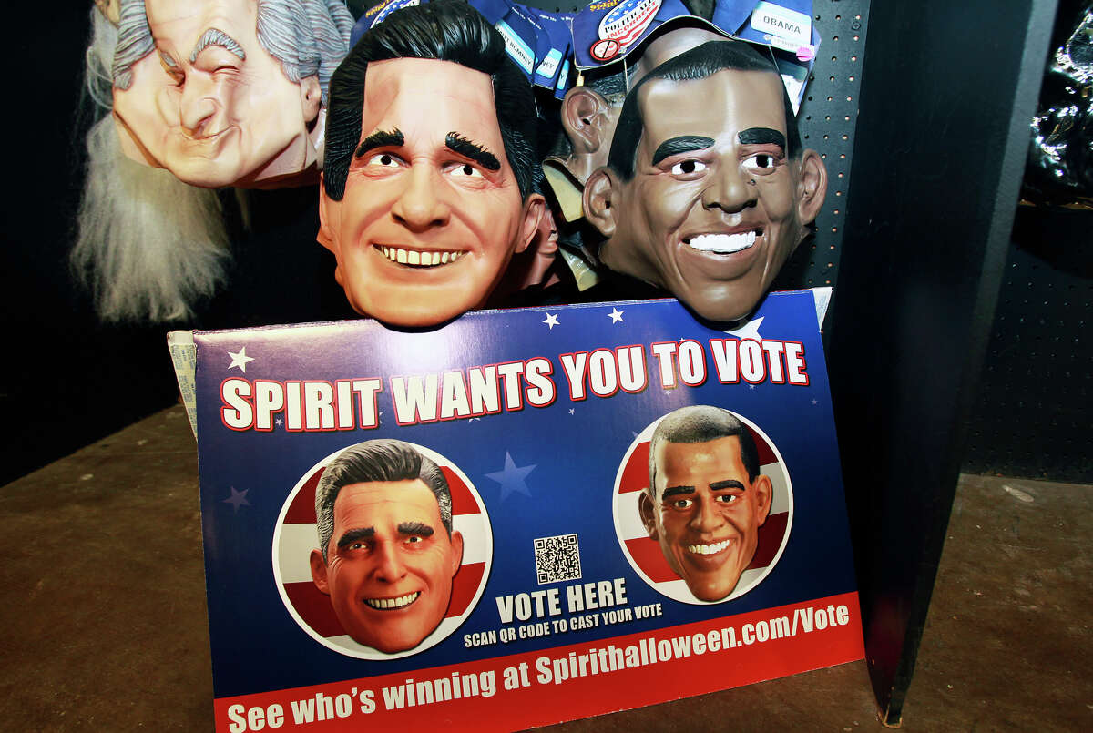 Presidential masks of Mitt Romney and Barack Obama are on sale at Spirit Halloween at the Wonderland of the Americas mall.