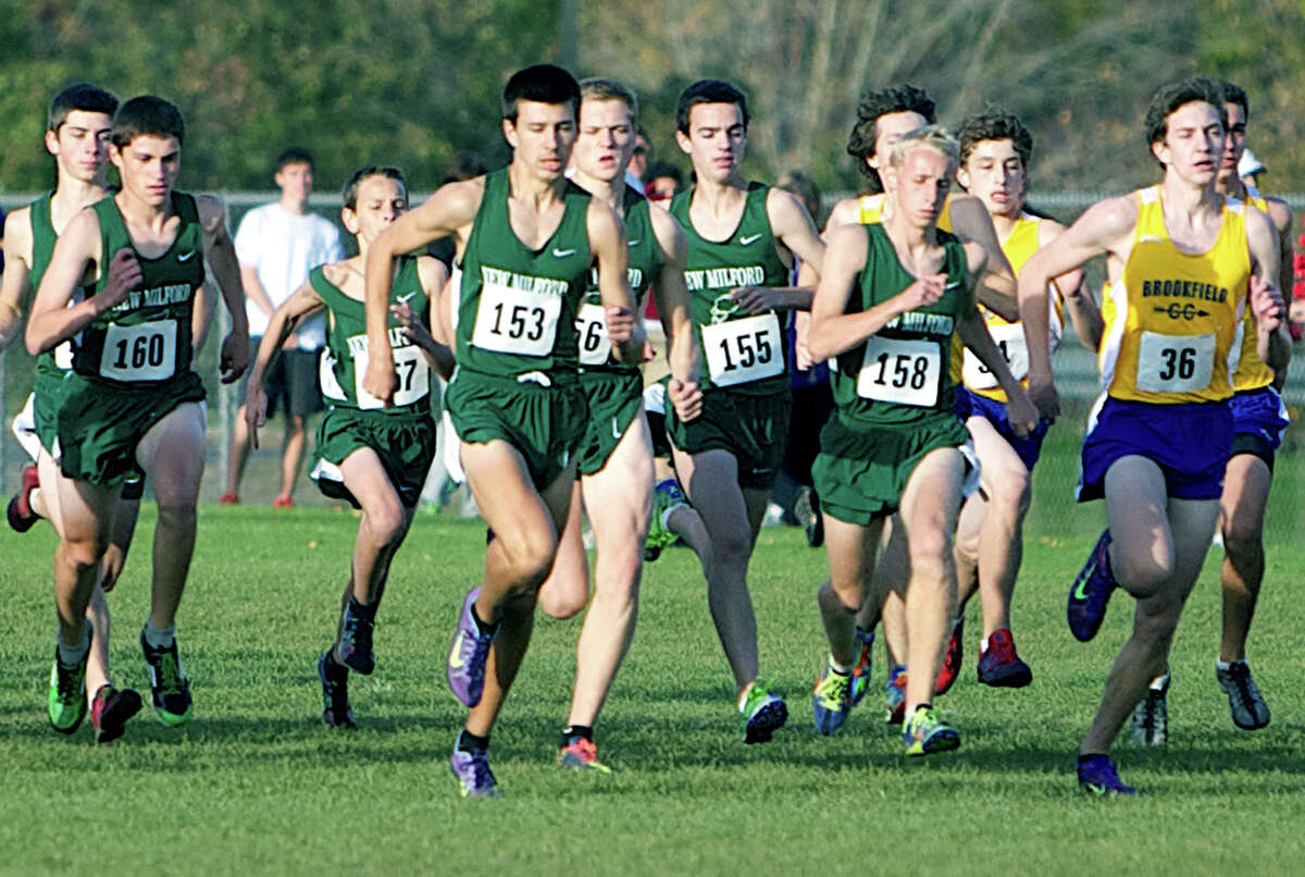 Kicking off their bid for the South-West Conference title in Bethel last week are New Milford High School boys' cross country's Ryan Clarke (153) and John Hansell (158) in front and, right behind them, from left to right, Hugh Sichell (16), with Jay Humphreys right behind him, Greg Hansell (157), Zach Guptill (156) and Adam Dengler (155). Oct. 18, 2012 Courtesy of Jim Carmellini