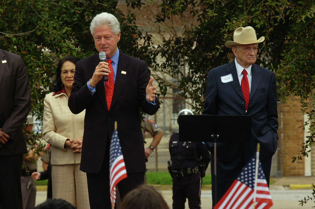 With Jack Brooks at his side, Bill Clinton addresses an audience during a rally in Downtown Beaumont Wednesday. Campaigning for his wife Hillary Clinton, the former president also spoke to Hispanic city leaders in a private meeting prior to the rally. February 20, 2008 Photo by Guiseppe Barranco