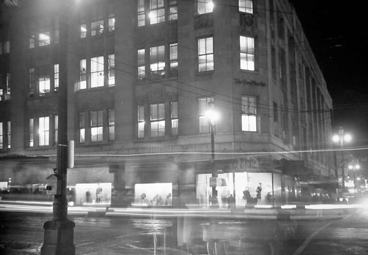 This image, just before a World War II blackout, shows the Bon Marche building that's now Macy's.