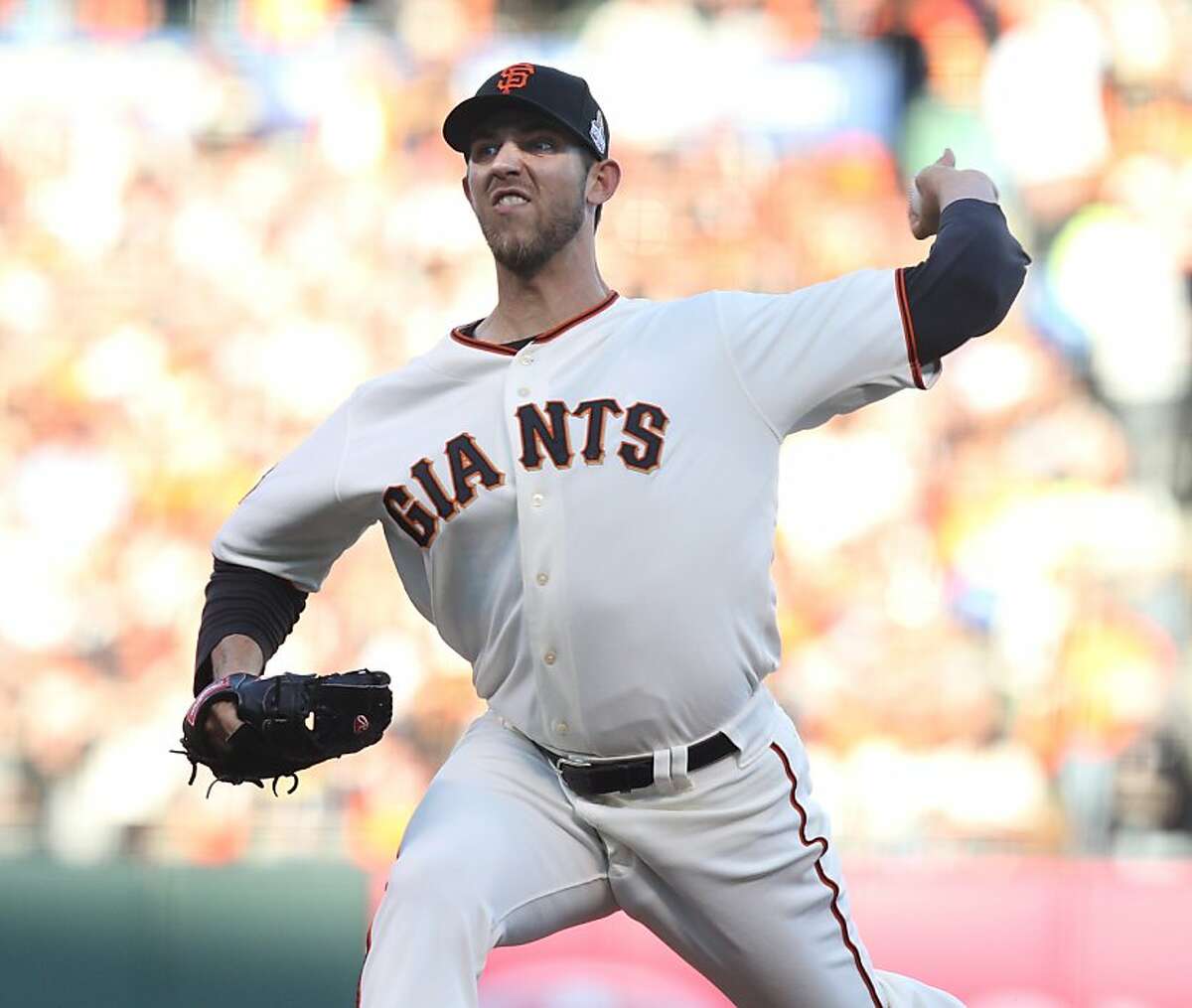 Giants' pitcher Madison Bumgarner throws in the 1st inning during game 2 of the World Series at AT&T Park on Thursday, Oct. 25, 2012 in San Francisco, Calif.