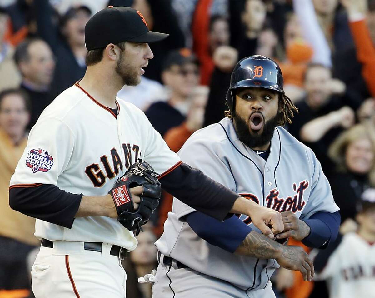 Detroit Tigers' Prince Fielder reacts in front of San Francisco Giants starting pitcher Madison Bumgarner after Fielder was called out at home on a play at the plate during the second inning of Game 2 of baseball's World Series Thursday, Oct. 25, 2012, in San Francisco. (AP Photo/David J. Phillip)