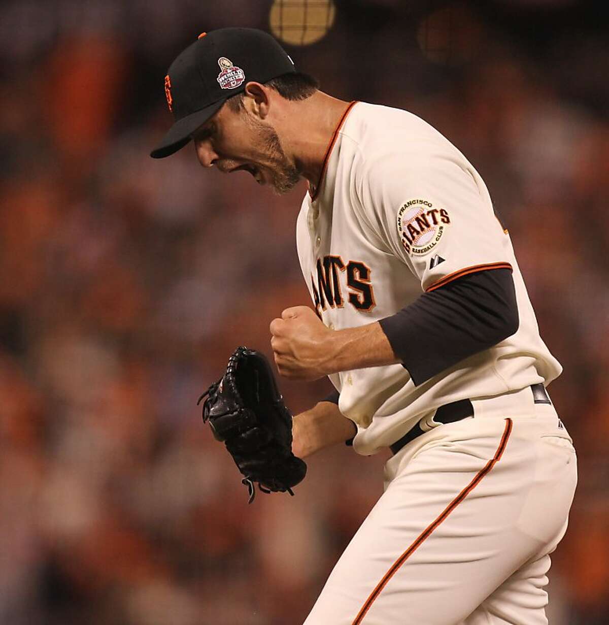 Giants' pitcher Madison Bumgarner reacts after retiring the side in the 6th inning during game 2 of the World Series at AT&T Park on Thursday, Oct. 25, 2012 in San Francisco, Calif.