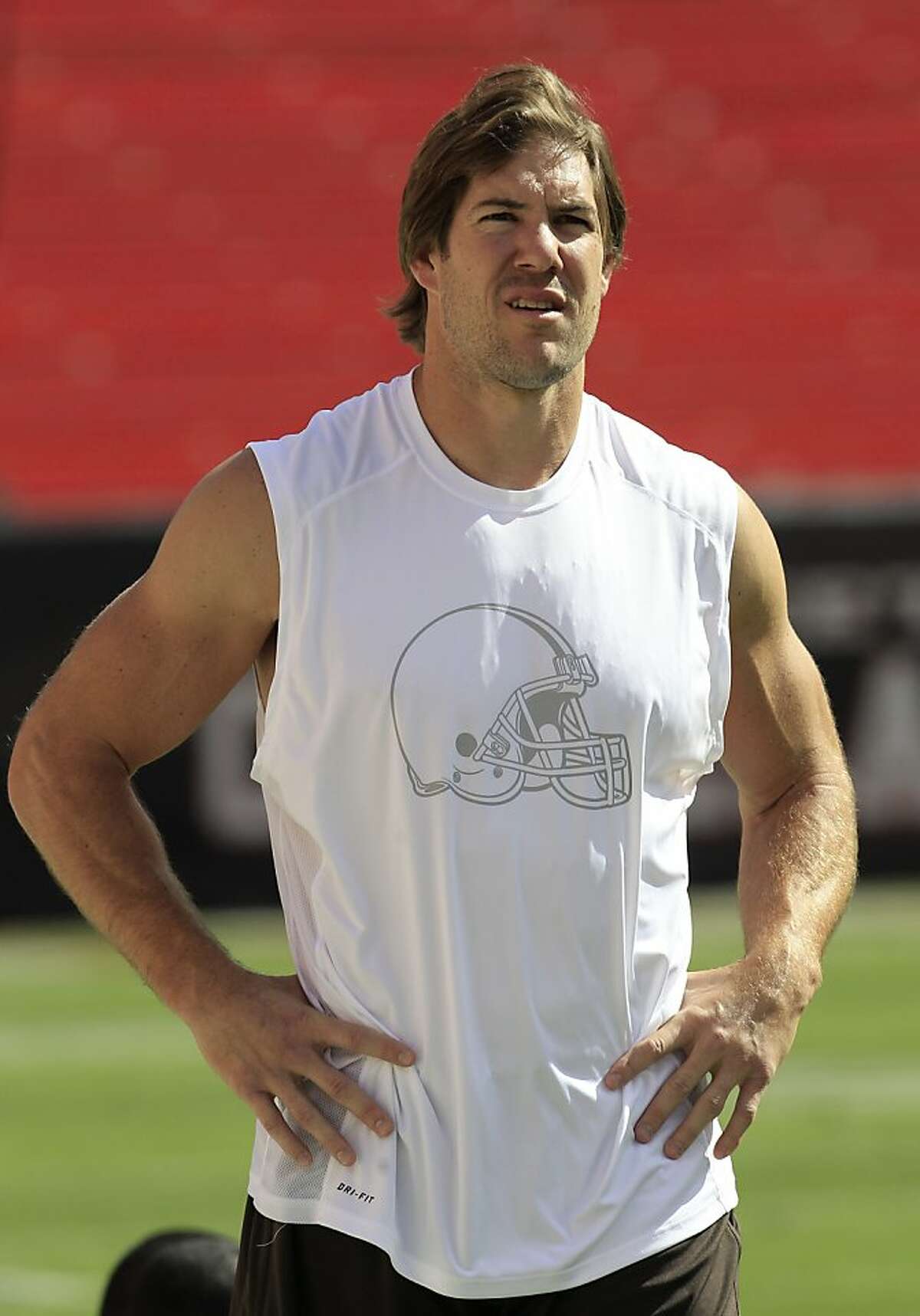 FILE - This Sept. 9, 2012 file photo shows Cleveland Browns linebacker Scott Fujita looking on before an NFL football game against the Philadelphia Eagles, in Cleveland. Fujita has criticized NFL Commissioner Roger Goodell for the way he has handled his suspension in the New Orleans Saints' bounty case. Fujita had his three-game suspension reduced to one on Tuesday, Oct. 9, 2012, by Goodell, who sent the veteran a letter. Fujita says he's pleased Goodell acknowledged he never participated in the pay-for-hits program, but did not like the commissioner's "condescending tone" in a letter to the linebacker. (AP Photo/Tony Dejak, File)