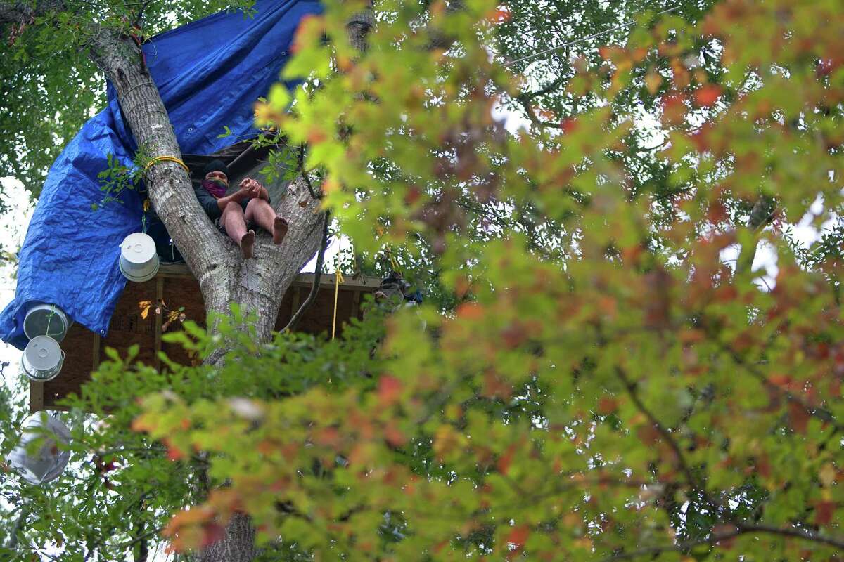 Chickadee sits in a tree showing his opposition for TransCanada's Keystone XL project in Wood County Wednesday, Oct. 24, 2012, in Winnsboro. He said he was from the east coast and would only identify himself with the name Chickadee out of fear of a lawsuit from TransCanada. He has been in the trees for more than a month.