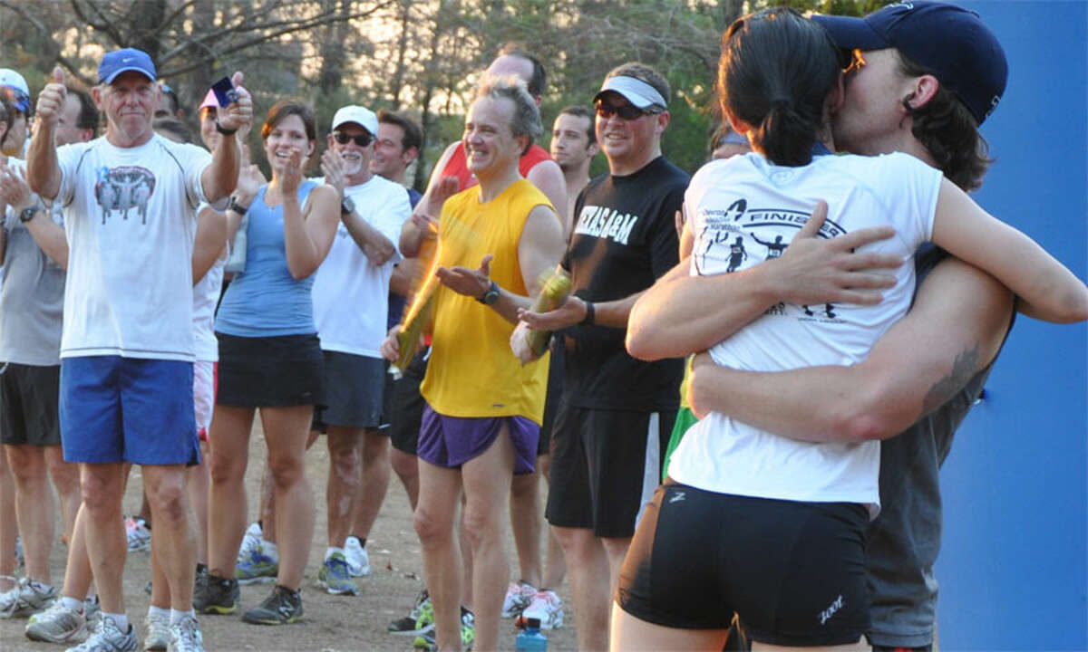 Alaina Dixon just after she crossed the finish line in a 2011 race at Memorial Park.