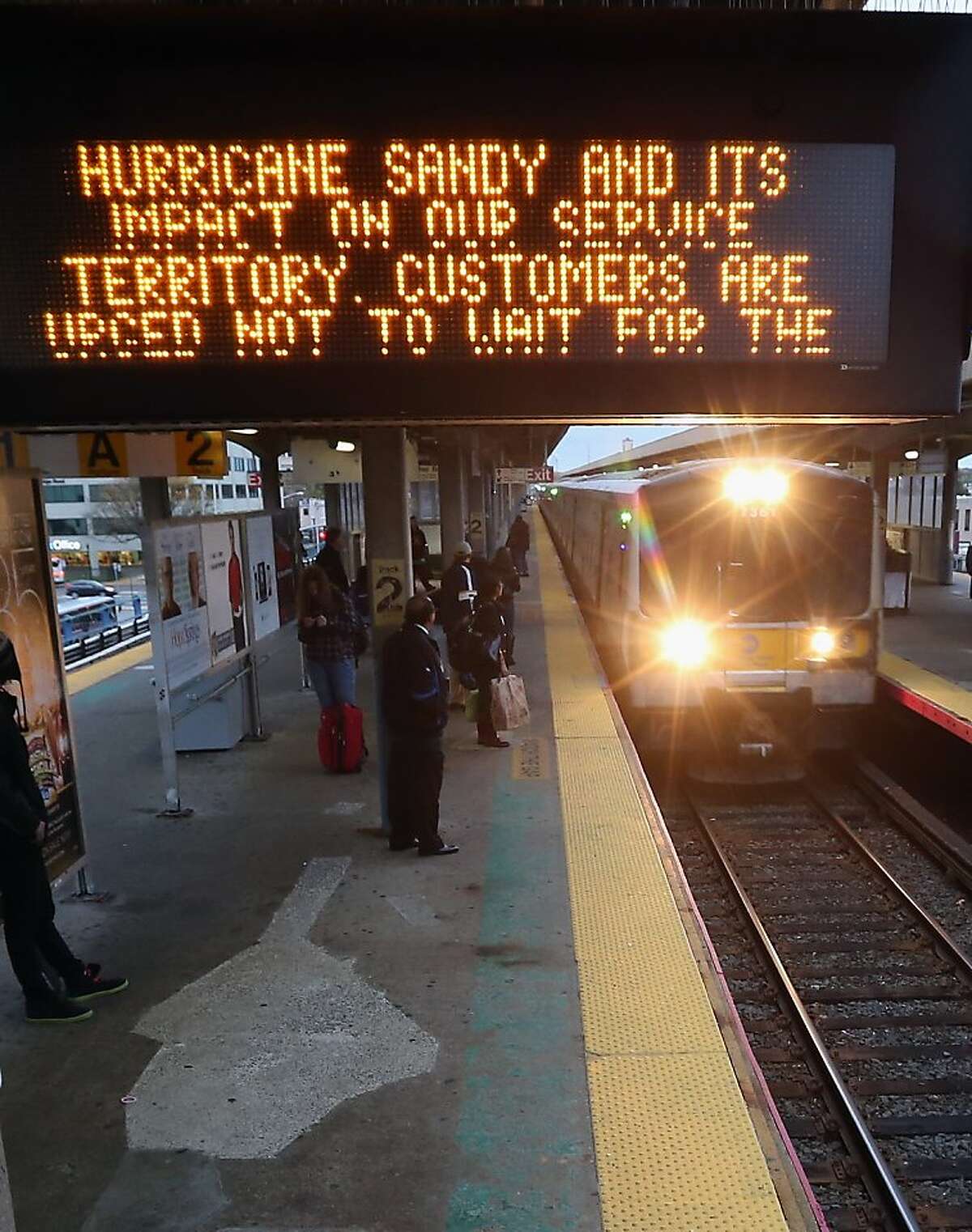 HICKSVILLE, NY - OCTOBER 28: With Hurricane Sandy approaching, the Long Island Railroad announced the suspension of their service at 7pm on Sunday night, October 28, 2012 in Hicksville, New York. Sandy, which has already claimed over 50 lives in the Caribbean is predicted to bring heavy winds and floodwaters as the mid-atlantic region prepares for the damage. (Photo by Bruce Bennett/Getty Images)
