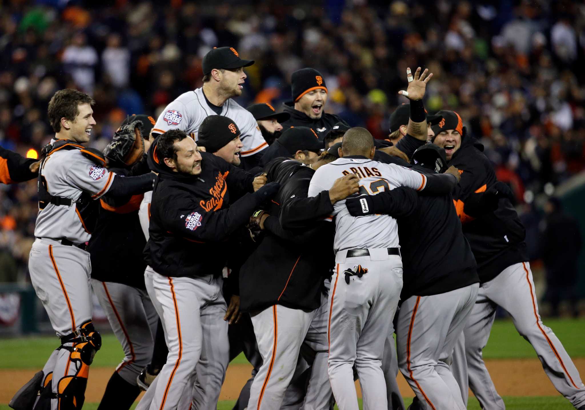 Oct. 22, 2012 - San Francisco, California, USA - Series MVP Marco Scutaro  celebrates with his teammates following the last out in game 7 of the NLCS  between the San Francisco Giants