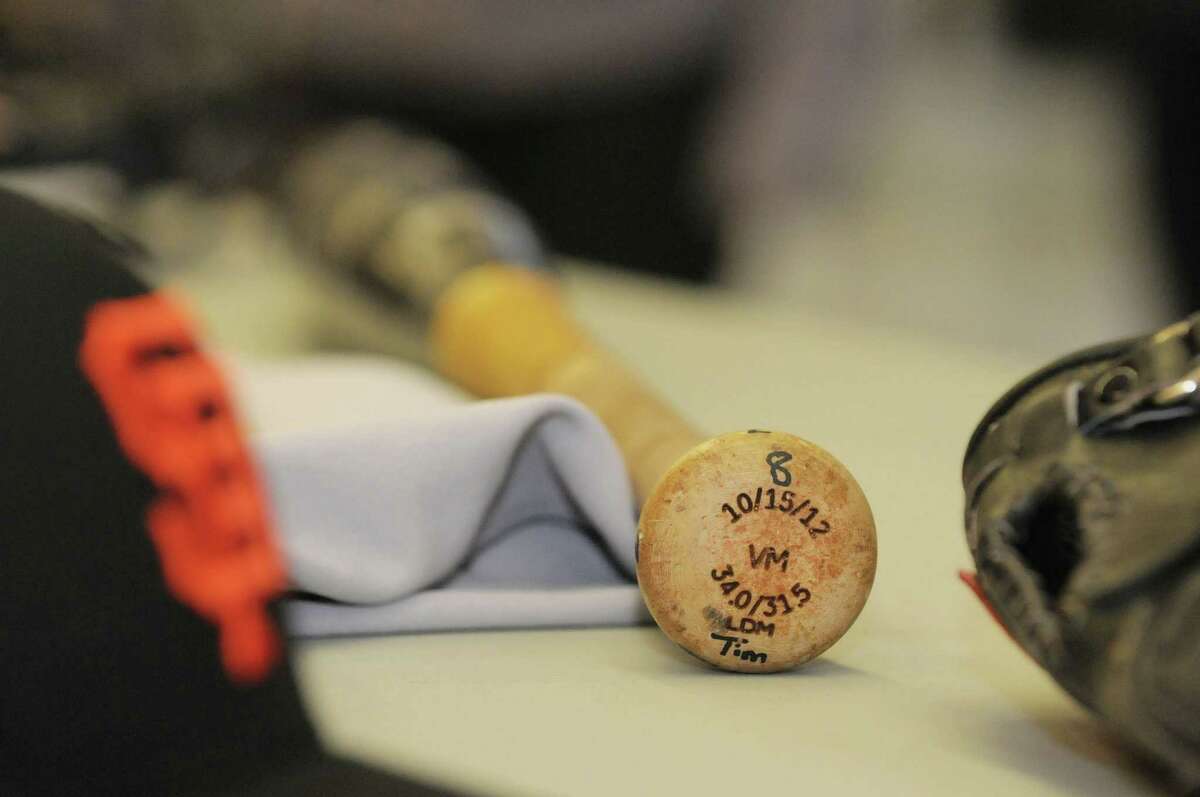 A bat used by the San Francisco Giants' Hunter Pence is part of the memorabilia on its way to the Baseball Hall of Fame in Cooperstown. Pence names all his bats; this one he dubbed "Tim." (Paul Buckowski / Times Union)