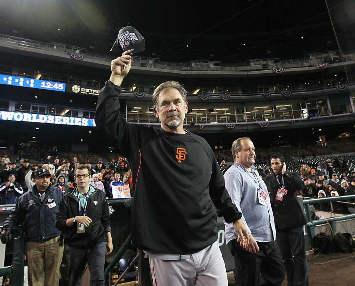 Giants' manager Bruce Bochy celebrates the teams victory over the Detroit Tigers in game 4 of the World Series at Comerica Park on Sunday, Oct. 28, 2012 in Detroit, MI.