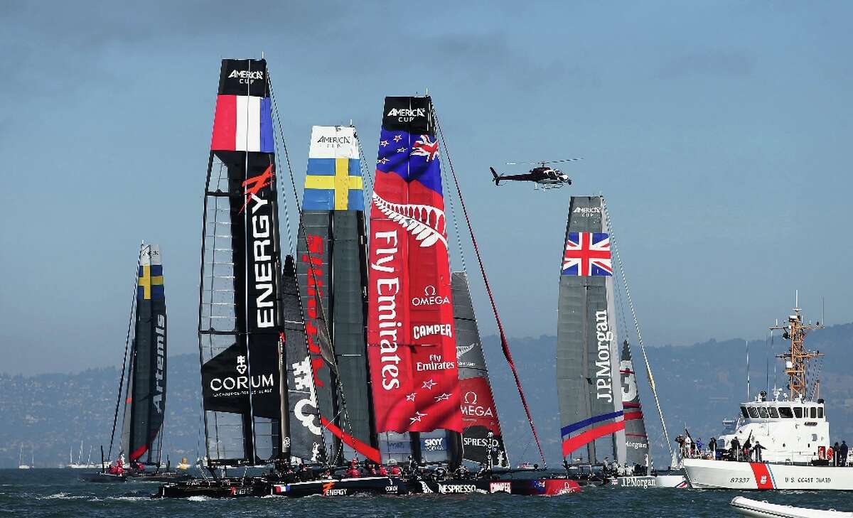 Teams compete in the final fleet race of the America's Cup World Series on October 7, 2012 in San Francisco, California. Teams are racing on an AC45 boat, which is the forerunner to the AC72 that teams will race next year in the Louis Vuitton Cup and America's Cup Finals in San Francisco.