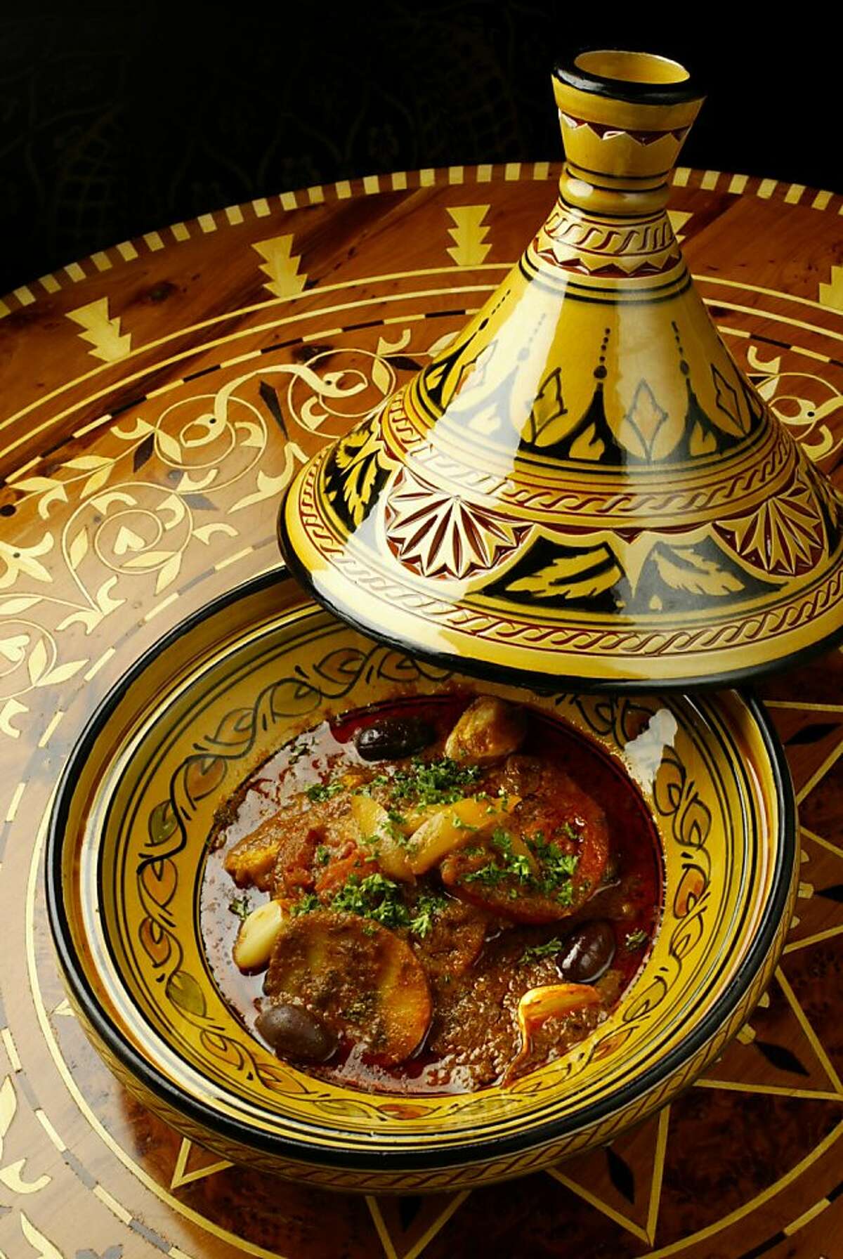El Mansour, a Moroccan restaurant in San Francisco at 3119 Clement Street. Tangine with sea bass.