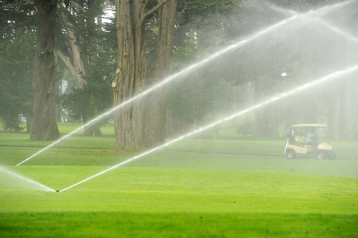 Recycled water irrigates Harding Park golf course during a demonstration Monday, Oct. 29, 2012, in San Francisco. Beginning Wednesday, the facility plans to use recycled water rather than the drinking water currently used on the course.