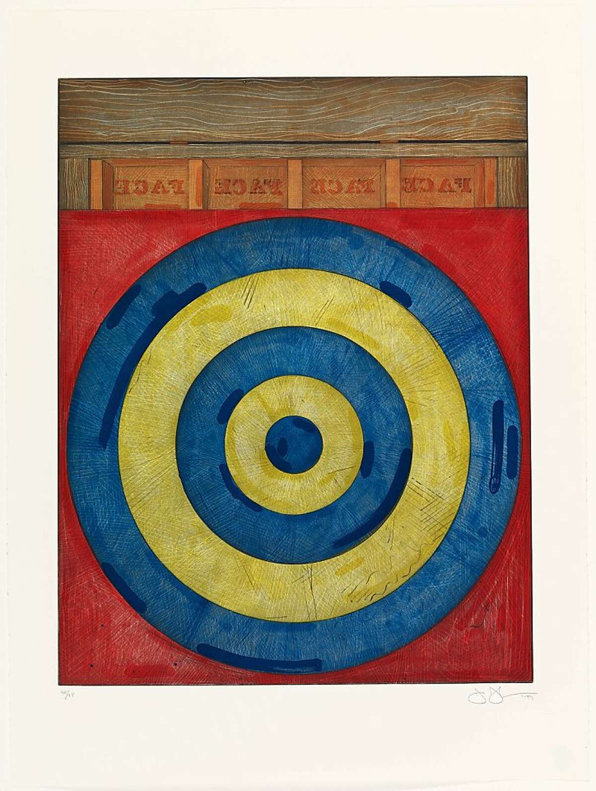 "Target with Four Faces" (1979) color etching, soft-ground etching, and aquatint (ed. 45/88) by Jasper Johns 30" x 22" in. Published by Petersburg Press Fine Arts Museums of San Francisco, Anderson Graphic Arts Collection, gift of the Harry W. and Mary Margaret Anderson Charitable Foundation