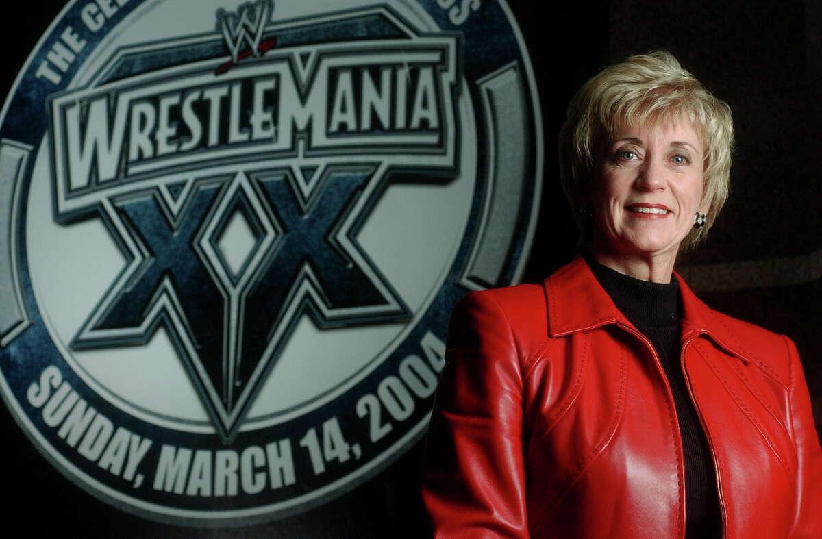 Linda McMahon, CEO of World Wrestling Entertainment, in the lobby of the company's Stamford, Conn. headquarters in Dec. 2003.