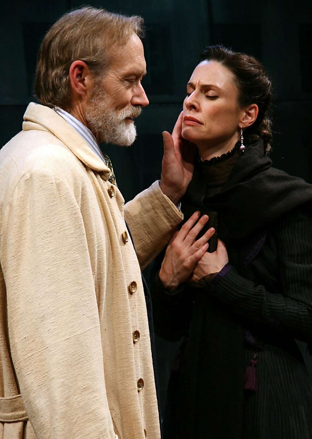 The Stranger (James Carpenter, left) consoles the Wife (Danielle O'Hare) after a terrible fire in "Burned House" in Cutting Ball Theater's "Strindberg Cycle"