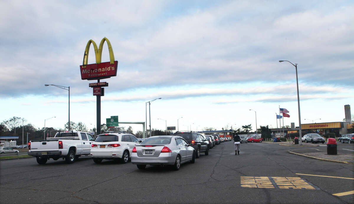 Cars, many from New Jersey and NewYork, wait in line for gas at a rest stop in Fairfield, Conn. on Sunday, November 4, 2012.