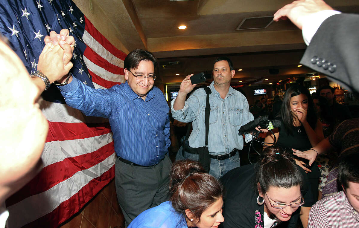 Pete Gallego starts to take congratulations after hearing results that clinched his victory during the election night watch party for State Representative Pete Gallego, D-Alpine, who is challenging U.S. Representative Francisco Canseco for his seat in the U.S. House District 23 on November 6, 2012.