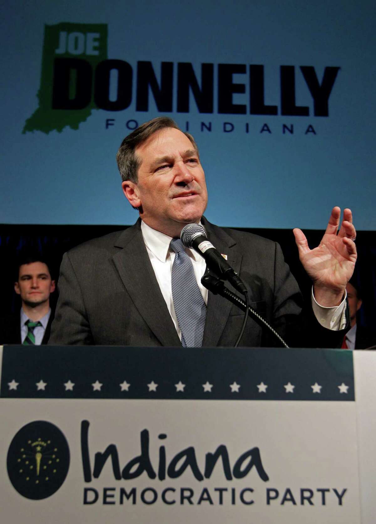 Democrat Joe Donnelly thanks supporters after winning the U.S. Senate seat over Republican Richard Mourdock at an election night celebration in Indianapolis, Tuesday, Nov. 6, 2012. Donnelly triumphed in one of the nation's most tumultuous Senate races, capitalizing on fallout over his tea party-backed opponent's comment that a pregnancy resulting from rape is "something God intended" to capture a seat that just a year ago looked to be a lock for Republican U.S. Sen. Richard Lugar. (AP Photo/Michael Conroy)