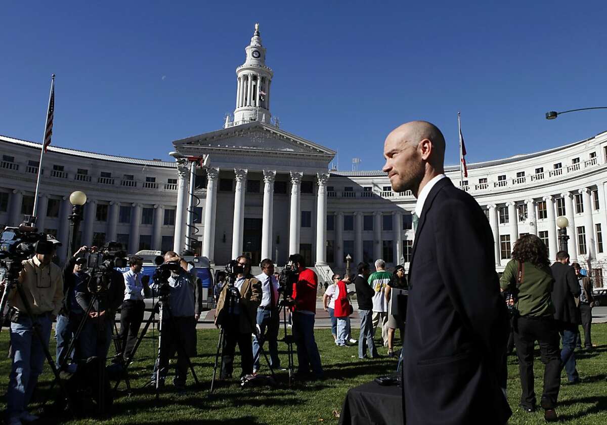Brian Vicente co-director of the Yes on 64 campaign waits to start a news conference about the legalization of marijuana at Civic Center Park in Denver on Wednesday, Nov. 7, 2012. Colorado voters passed Amendment 64 on Tuesday legalizing marijuana in Colorado for recreational use. (AP Photo/Ed Andrieski)