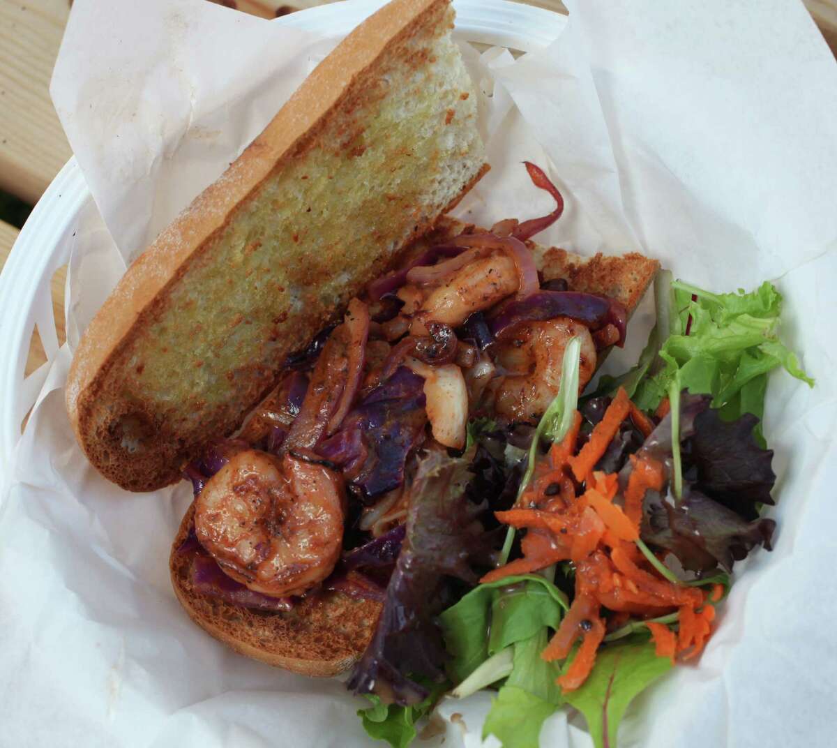 Lil' Shrimp Boy (sauteed shrimp po-boy on gluten-free bread) from Sweet Yams.