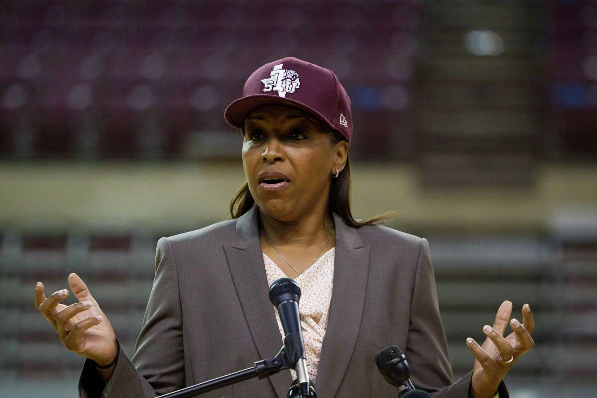 Cynthia Cooper-Dyke addresses the media after she was announced as Texas Southern University's women's basketball coach, Friday, April 20, 2012,H&PE Arena on the Texas Southern University campus in Houston. Cooper-Dyke says she's going to recruit the Houston area and Texas first and hopes that as the team wins games she can get some of the top players to commit to her program. ( Nick de la Torre / Houston Chronicle )