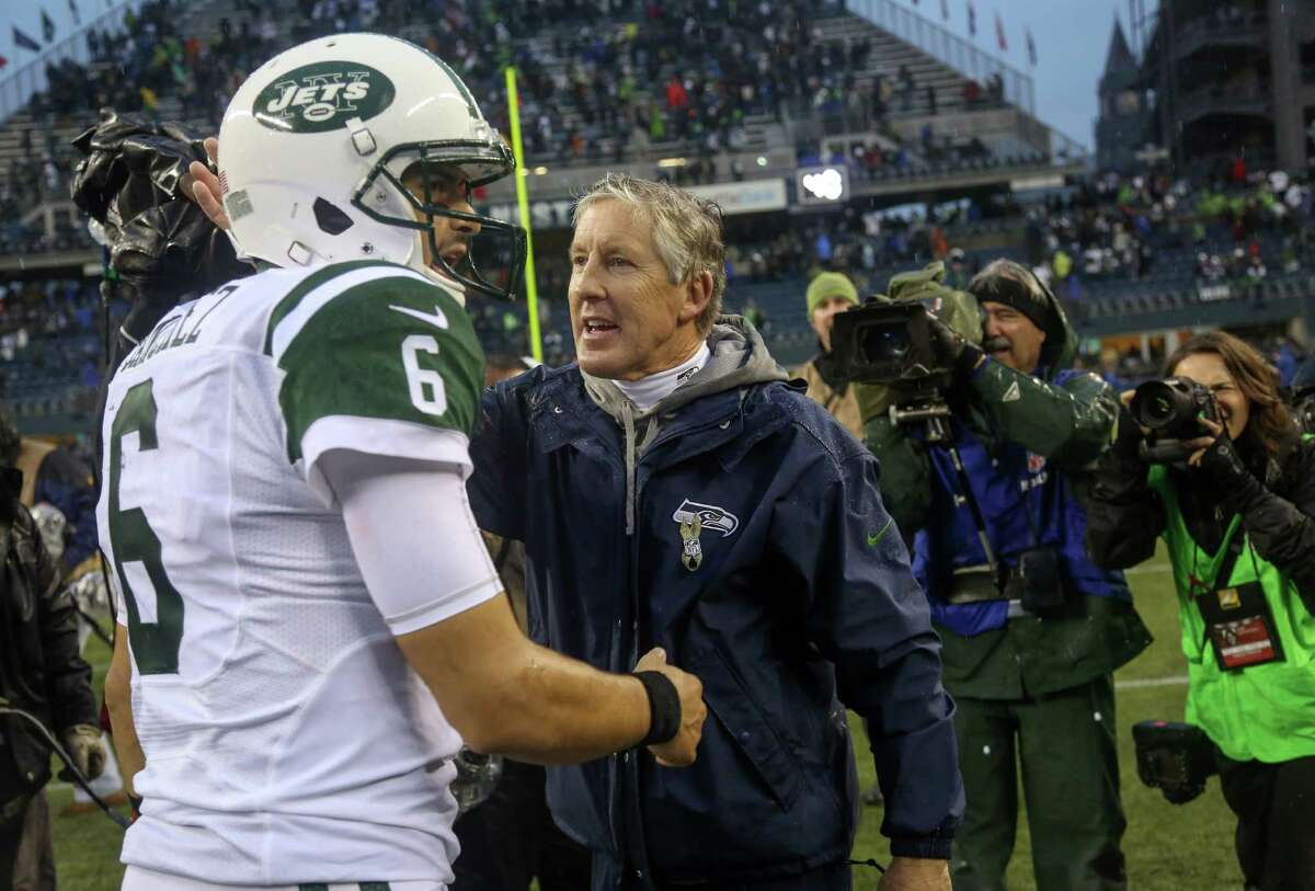 New York Jets quarterback Mark Sanchez (6) after throwing his