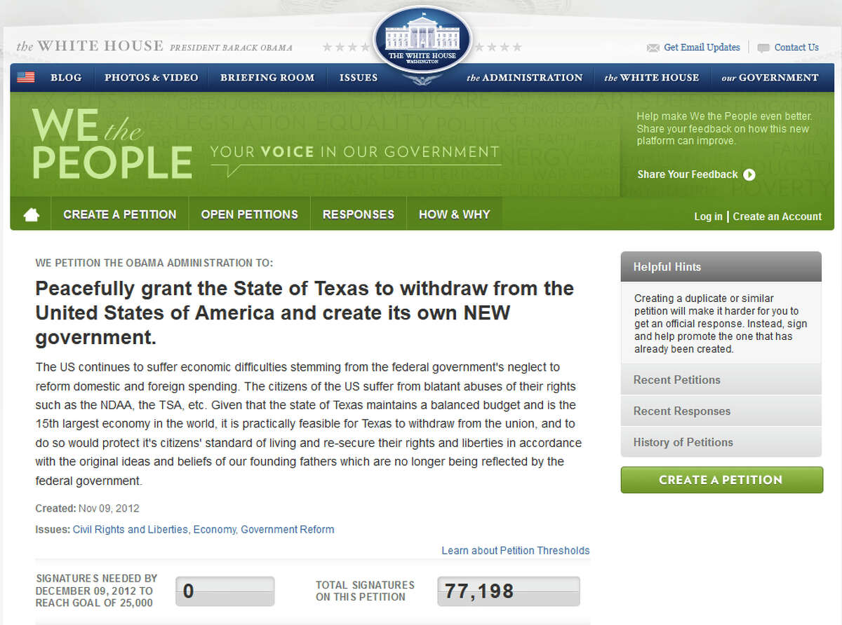 2012: A petition proposing Texas secession posted to the “We the People” section of the White House website quickly passes the 25,000 signatures requirement for a White House response. Gov. Perry’s office released a statement that he “believes in the greatness of our Union and nothing should be done to change it.”Analysts said Texas could not necessarily secede if Scotland secures independence from the United Kingdom.