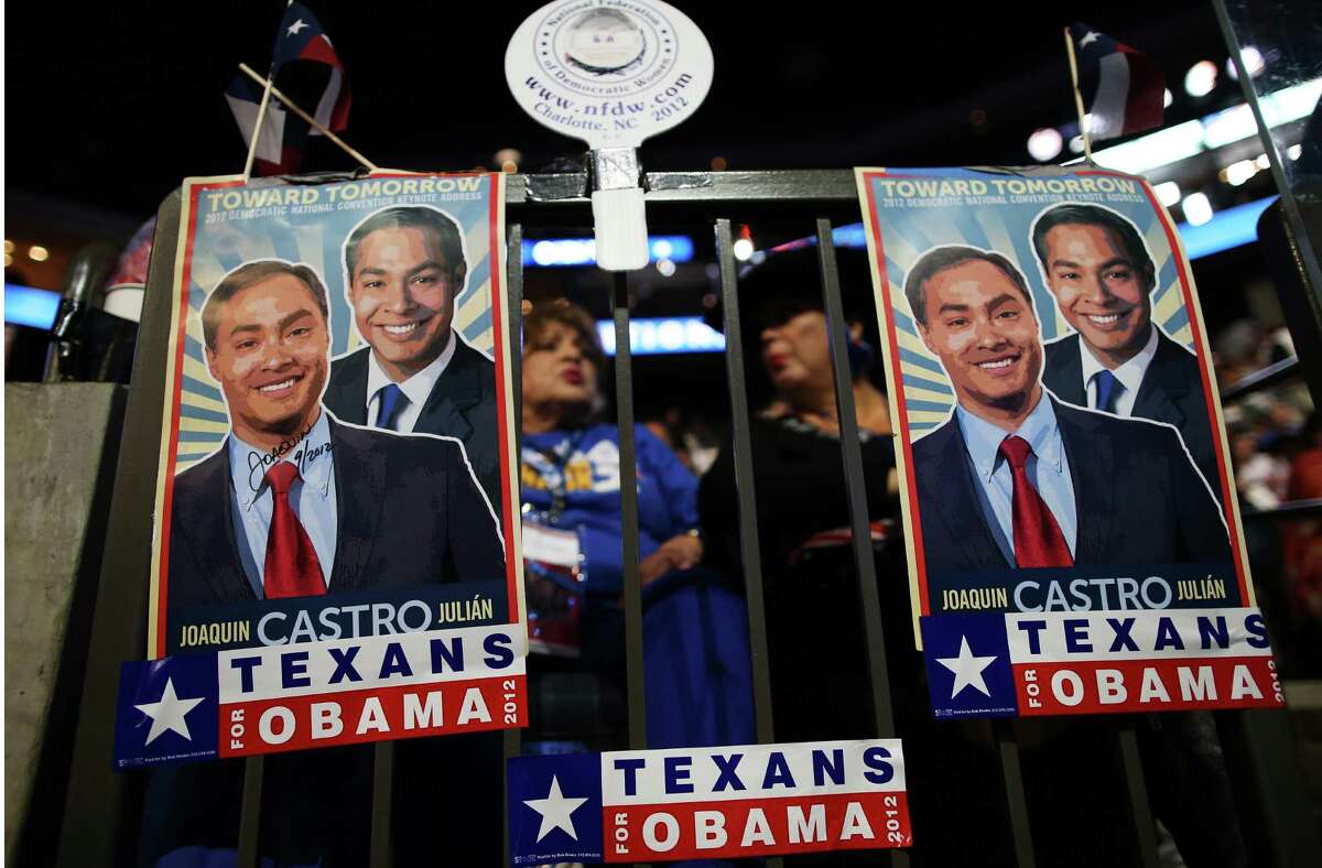 CHARLOTTE, NC - SEPTEMBER 06: Campaign posters for San Antonio Mayor Julian Castro and his brother Joaquin Castro are seen during the final day of the Democratic National Convention at Time Warner Cable Arena on September 6, 2012 in Charlotte, North Carolina. The DNC, which concludes today, nominated U.S. President Barack Obama as the Democratic presidential candidate.