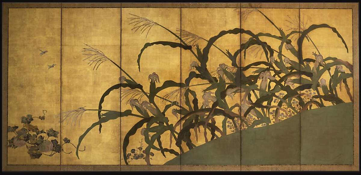 "Maize and Coxcomb" Edo period (1615-1868). One of a pair of six panel folding screens, ink, colors, and gold on paper, artist unknown 69 in x 145 in each. Larry Ellison Collection