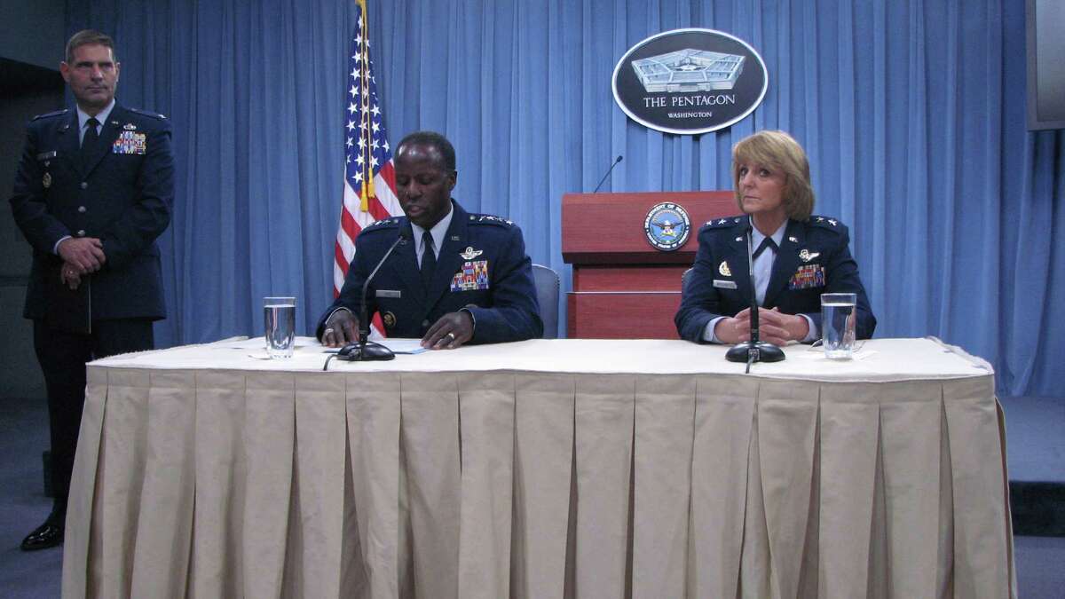 Gen. Edward Rice Jr. and Maj. Gen. Margaret Woodward met with the media at a press conference on Nov. 14, 2012, in the Pentagon as Col. Steve Clutter stands nearby to field questions. The commanders met with reporters to outline the results of an investigaton into sexual misconduct among basic training instructors at Joint Base San Antonio-Lackland.