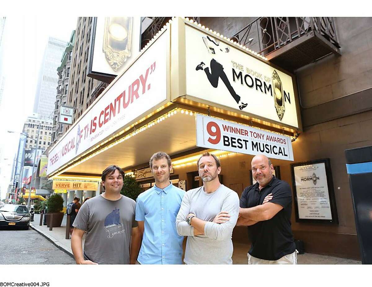 The creative team behind the Broadway hit "The Book of Mormon" includes (from left) Robert Lopez, Trey Parker, Matt Stone and Casey Nicholaw. The national tour of "The Book of Mormon" runs through Dec. 30 at the Curran Theatre in San Francisco. Photo courtesy of SHN
