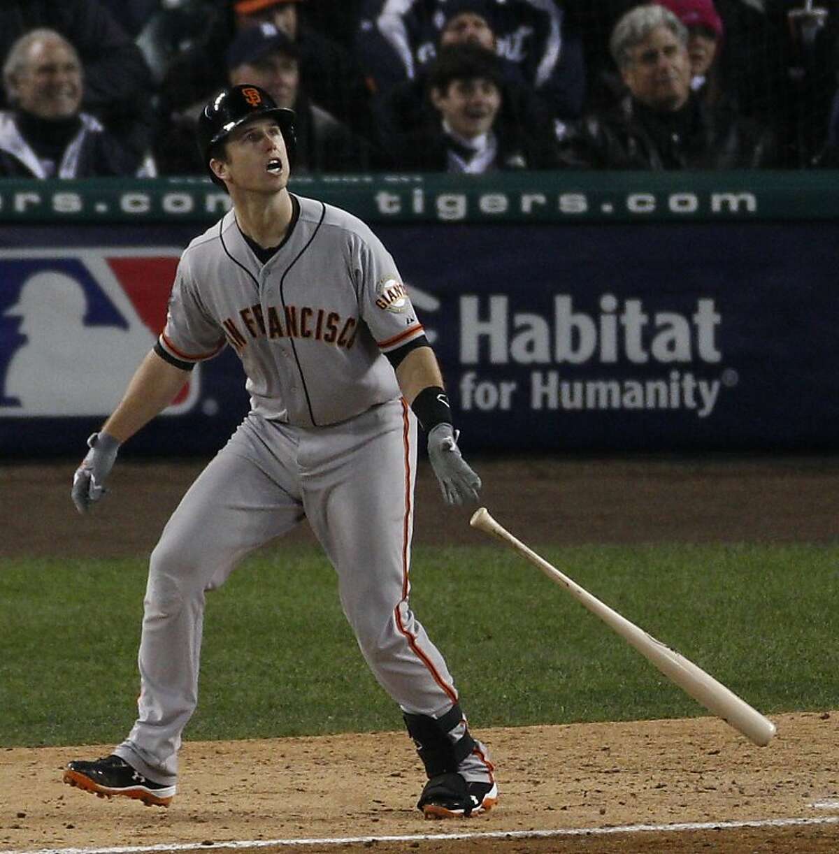 Giants' catcher Buster Posey reacts to his 2-run homer in the 6th inning during the World Series game 4 at Comerica Park in Detroit, MI, on Sunday, Oct. 28, 2012.