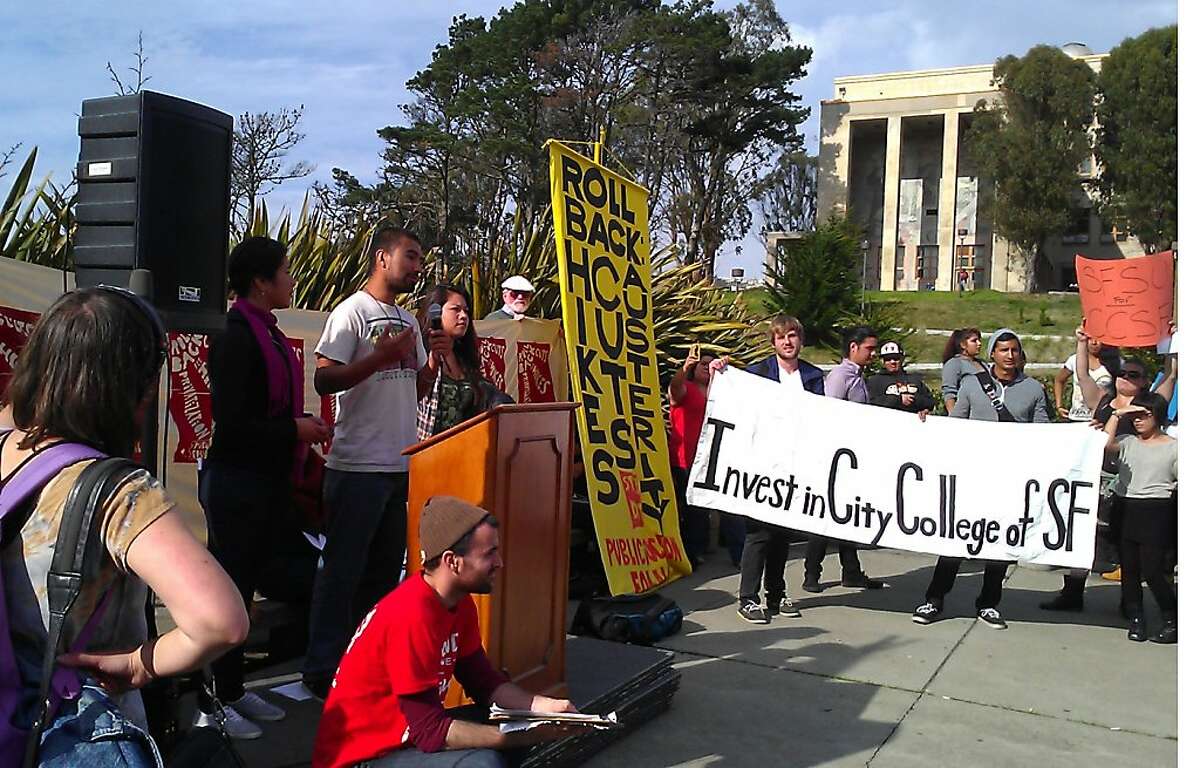 Students and faculty protested an austerity plan on November 15, 2012 on Ram Plaza at the City College of San Francisco. They said the shakeup of department chairs would threaten classes in diversity, such as classes in African American and women's studies.