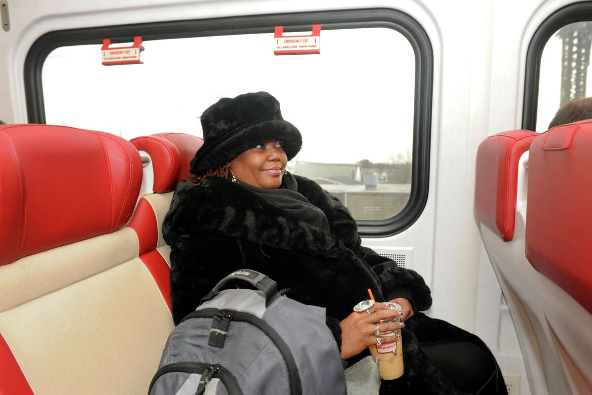 Veronica Diggs, of Bridgeport, rides Metro North a couple of times a week to visit family in New Rochelle, NY. She is seen here on one of the new M-8 trains as it leaves Bridgeport, Conn. Nov. 15th, 2012. She said she likes the new trains.