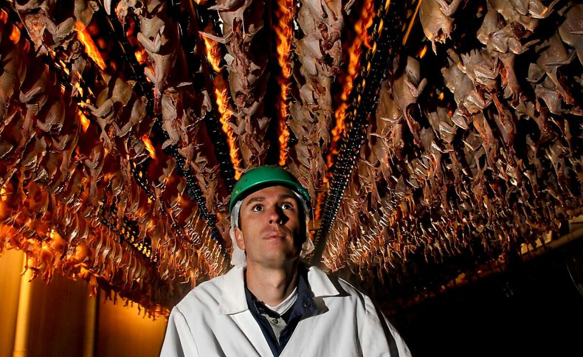 David Pitman, a member of the family that runs the business, inside the air chilled room which cools the processed birds for three hours at the plant in Sanger, Calif.,on Friday November 9, 2012. Mary's Free Range Chicken a large processing company in the Central Valley is one of just two facilities in the country that is using a control atmosphere stunning method that puts their chickens to sleep before the slaughtering process begins.
