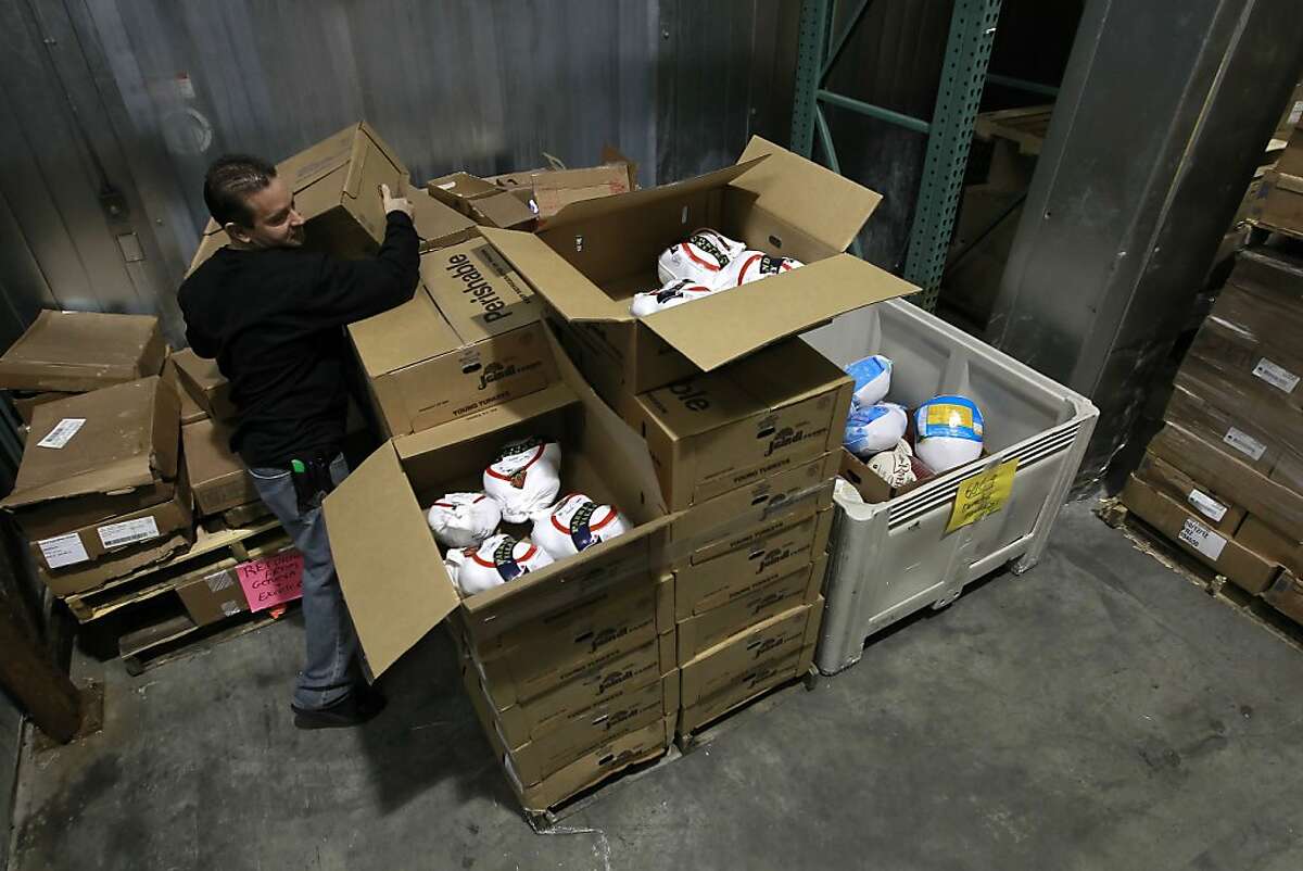 Order builder Joey Niehaus sorts through the small supply of turkeys now at the food bank, on Thursday Nov. 15, 2012 in San Francisco, Ca. The San Francisco Food Bank is expecting to provide 3,300 turkeys to social service agencies including the Salvation Army, Walden House, Grace Cathedral and the St. Vincent de Paul's dining room in Marin, they are currently short 1,737 birds.