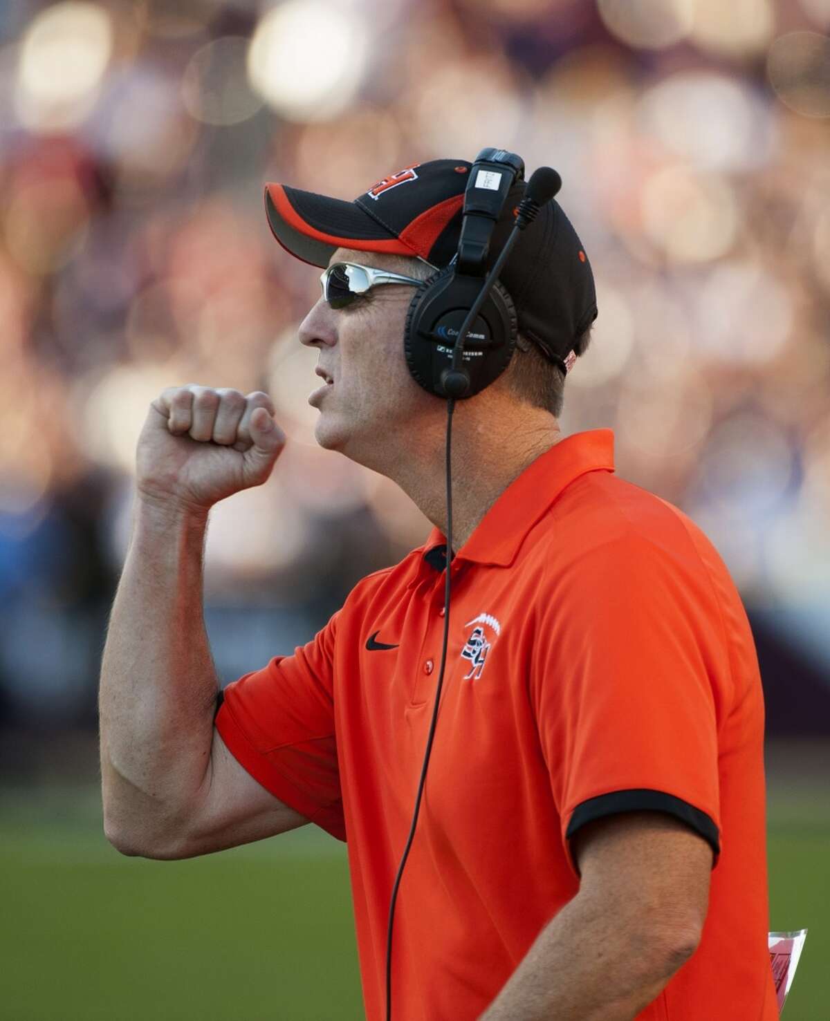 Sam Houston State head coach Willie Fritz reacts after a play during the second quarter of an NCAA college football game against Texas A&M, Saturday, Nov. 17, 2012, in College Station, Texas. (Dave Einsel / Associated Press)
