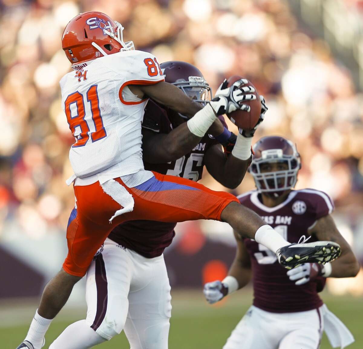 Donnie Baggs #36 of the Texas A&M Aggies intercepts a pass intended for Chance Nelson #81 of the Sam Houston State Bearkats at Kyle Field on November 17, 2012 in College Station, Texas. (Bob Levey / Getty Images)