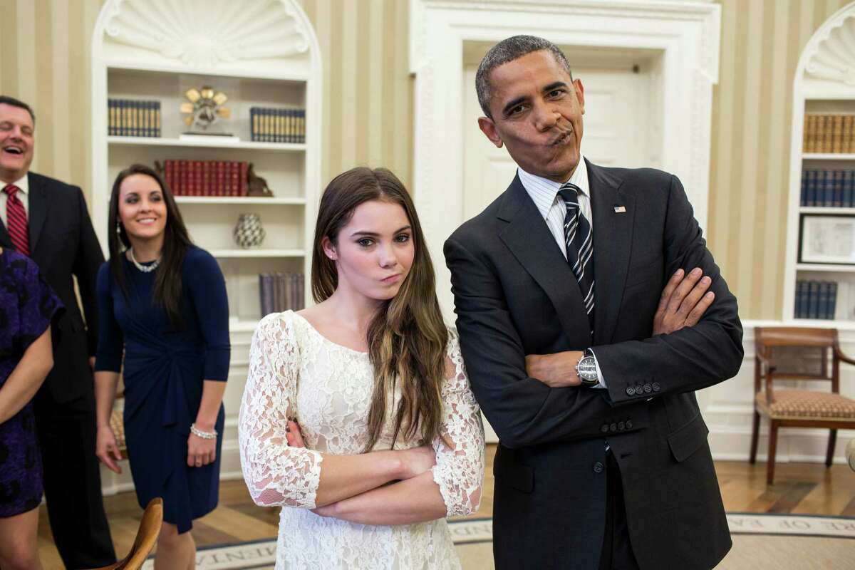 This picture released by the White House on November 16, 2012 shows US President Barack Obama jokingly mimicking US Olympic gymnast McKayla Maroney's "not impressed" look while greeting members of the 2012 US Olympic gymnastics teams in the Oval Office at the White House in Washington on November 15, 2012. Steve Penny, USA Gymnastics President, and gymnast Savannah Vinsant laugh at left. AFP PHOTO/White House Photo/Pete Souza ++RESTRICTED TO EDITORIAL USE - NOT FOR ADVERSTISING OR MARKETING CAMPAIGNS - MANDATORY CREDIT: AFP PHOTO/THE WHITE HOUSE/PETE SOUZA - DISTRIBUTED AS A SERVICE TO CLIENTS++ This official White House photograph is being made available only for publication by news organizations and/or for personal use printing by the subject(s) of the photograph. The photograph may not be manipulated in any way and may not be used in commercial or political materials, advertisements, emails, products, promotions that in any way suggests approval or endorsement of the President, the First Family, or the White House.ÃƒÂƒÃ‚ÂŠPete SOUZA/AFP/Getty Images