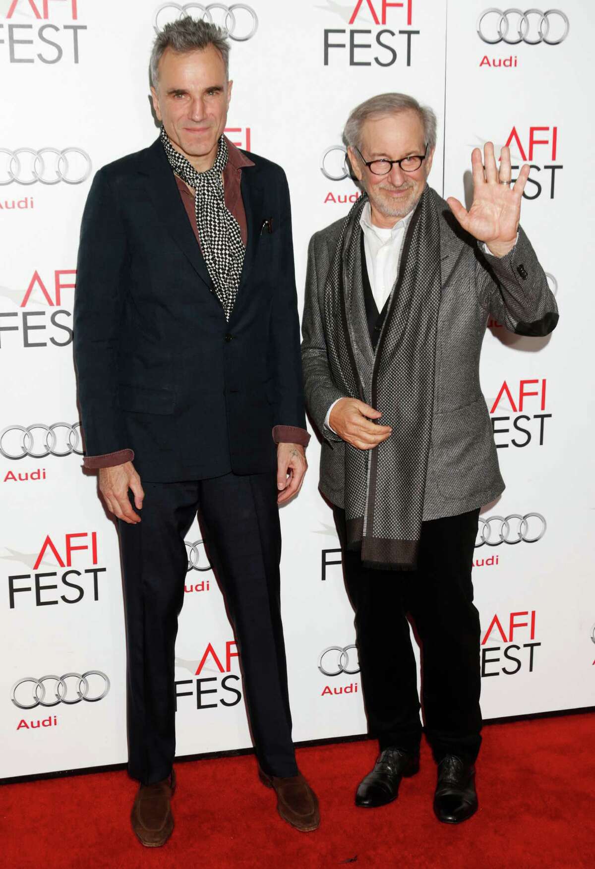 Daniel Day-Lewis and director Steven Spielberg arrive at the "Lincoln" premiere at AFI Fest at Grauman's Chinese Theatre on Thursday November 8, 2012 in Hollywood, California. (Photo by Todd Williamson/Invision/AP Images)