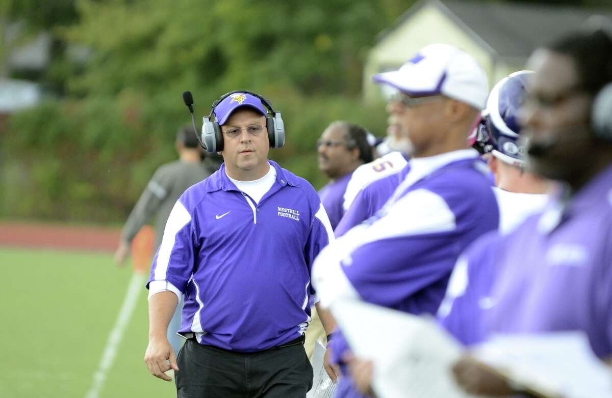 Westhill head football coach Frank Marcucio on the sidelines during the football game against Central at Westhill High School on Saturday, Oct. 6, 2012.