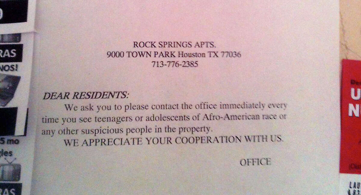 The notice on a bulletin board at Rock Springs Apartments. The notice is written in Spanish as well as English.