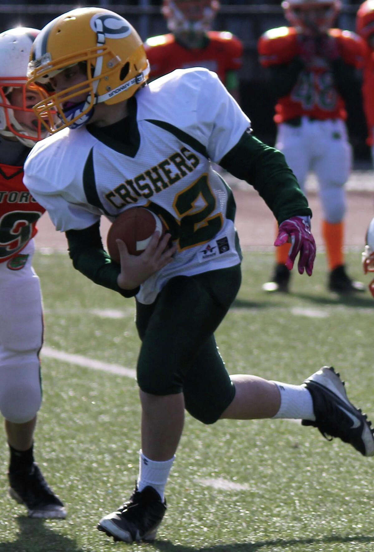 Crushers RB Miles Recchia breaks a tackle to make it into the endzone. November 2012.