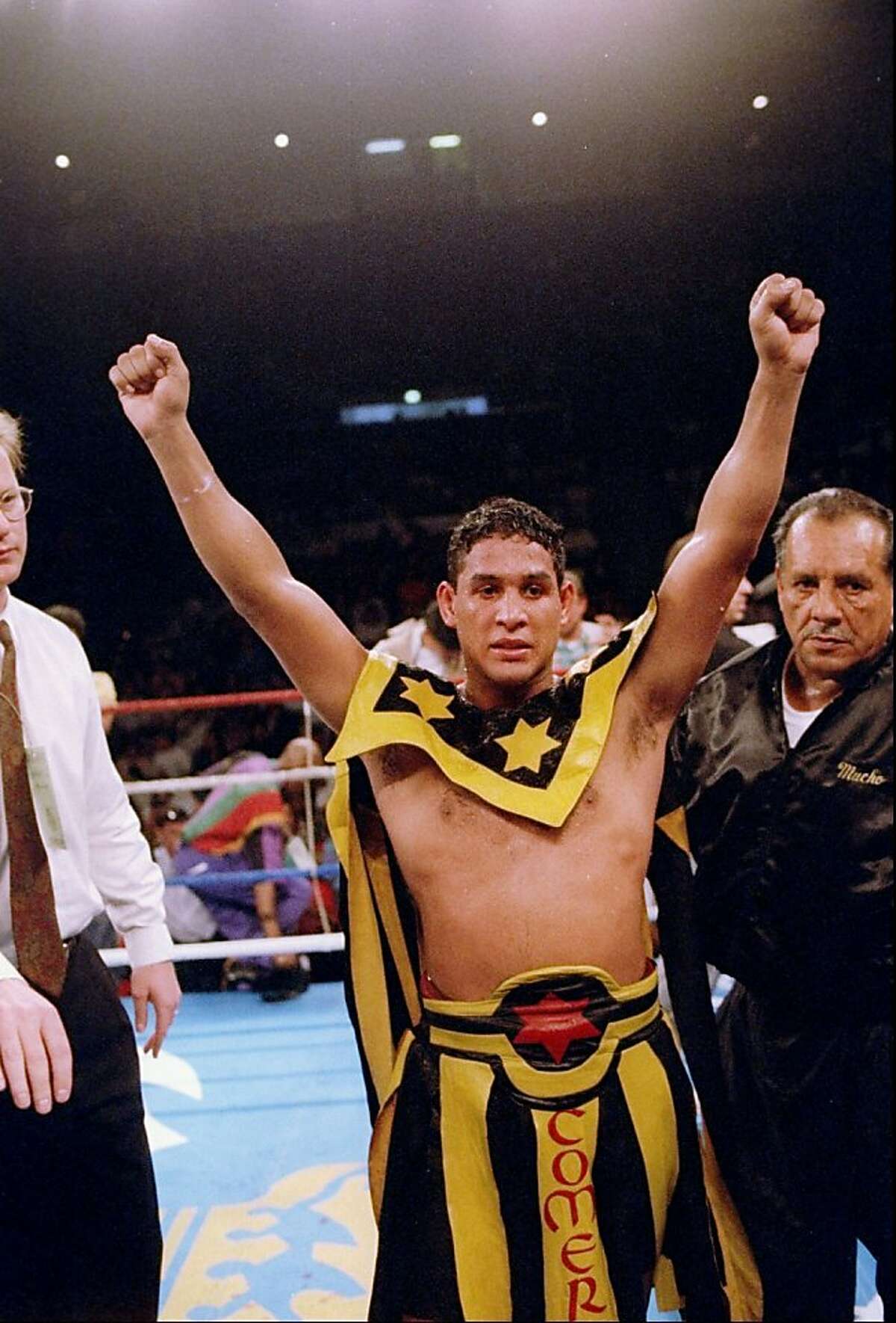FILE - NOVEMBER 24, 2012: It was reported that ex-boxer Hector "Macho" Camacho died after being taken off life support following a gun shot wound to the face November 24, 2012 in San Juan, Puerto Rico. 19 Jun 1993: Hector Camacho raises his amrs in the air at his fight against Tom Alexander. Mandatory Credit: Holly Stein /Allsport