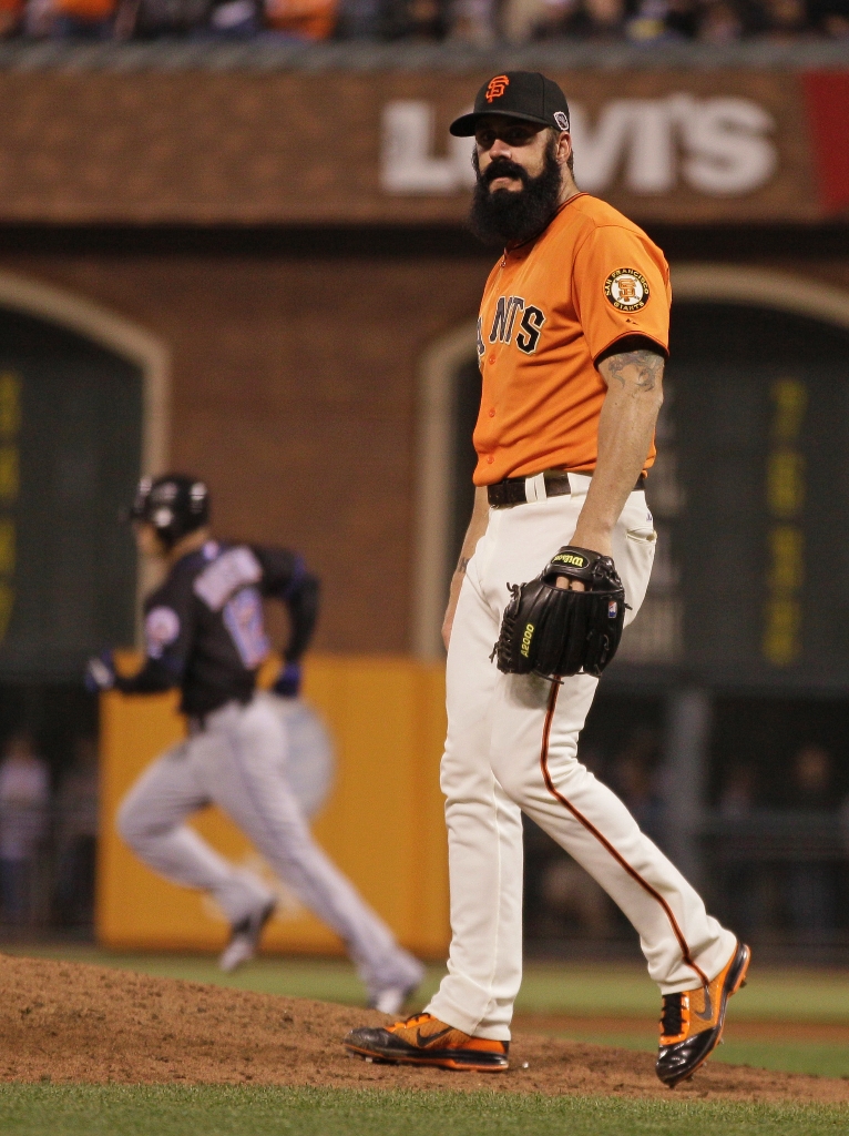 Giants pitcher Brian Wilson closes out the ninth inning as the San  Francisco Giants beat the Los Angeles Dodgers at AT&T Park on Tuesday.  (Michael Macor/San Francisco Chronicle via AP Stock Photo 
