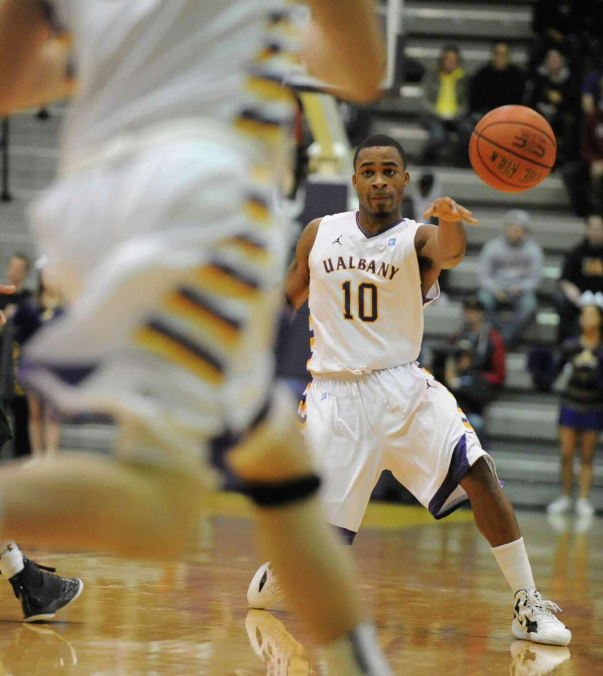 UAlbany's Mike Black passes the ball during a basketball game against Wagner at the SEFCU Arena Monday, Nov. 26, 2012 in Albany, N.Y. (Lori Van Buren / Times Union)